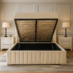 Modern Clarance Wingback Upholstered Bed Frame & Vertical Channel Tufted Headboard - Image 5