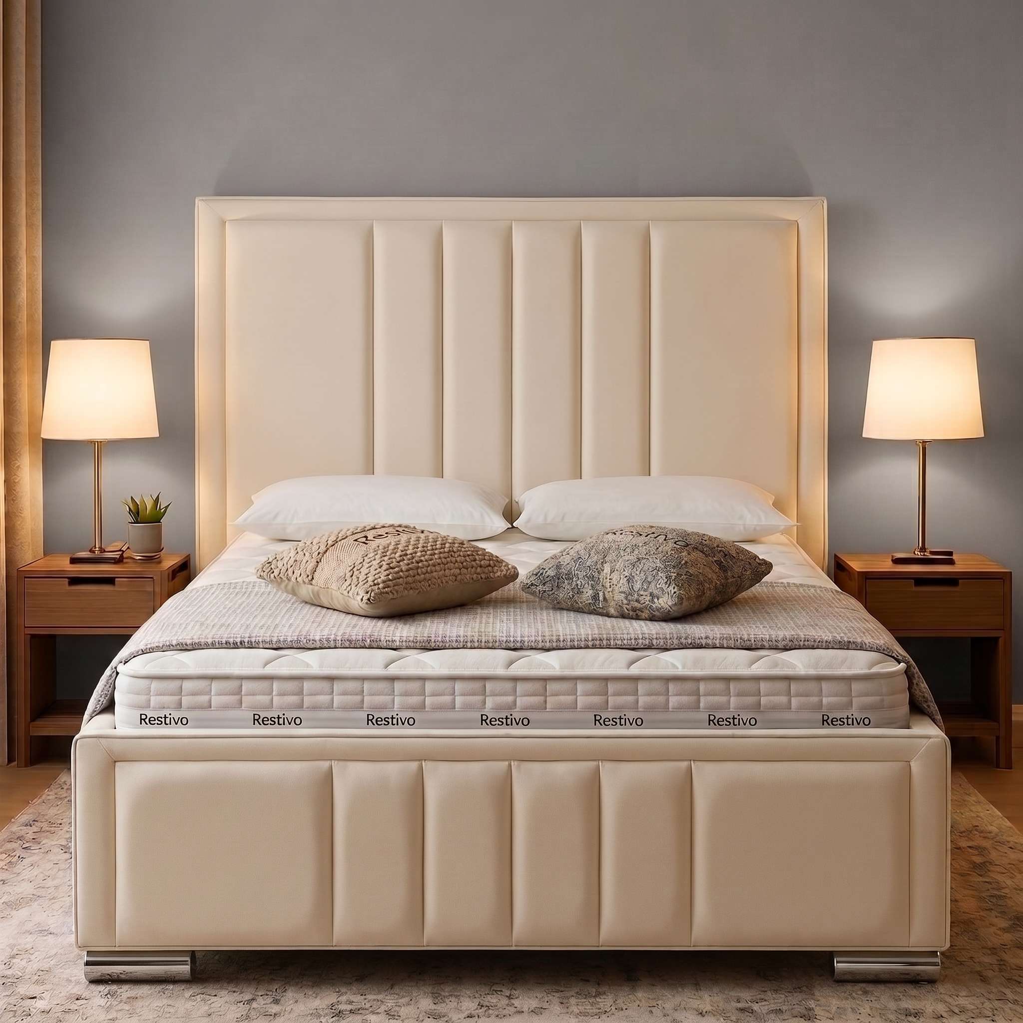 Tulip Bed Plush main Tulip Framed Vertical Panel Upholstered Bed Frame – Luxury Headboard & Low Footboard - Image 1