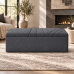 Bloomsbury Sunburst Ottoman front view luxury upholstered storage bench in charcoal grey fabric