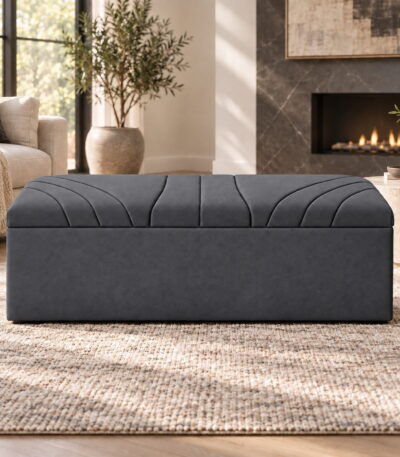 Bloomsbury Sunburst Ottoman front view luxury upholstered storage bench in charcoal grey fabric
