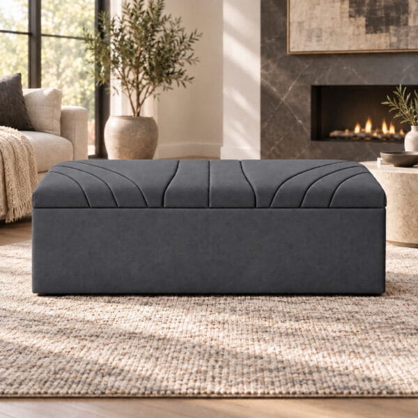 Bloomsbury Sunburst Ottoman front view luxury upholstered storage bench in charcoal grey fabric