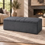 Bloomsbury Sunburst Ottoman side angle view showing curved upholstered design and modern storage bench shape