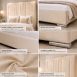 Ceiling Height M-Line Bumper Upholstered Bed | Luxury Tall Headboard Fabric Bed with Chrome Feet - Image 6