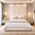 Ceiling Height M-Line Bumper Upholstered Bed | Luxury Tall Headboard Fabric Bed with Chrome Feet - Image 5