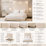 Ceiling Height M-Line Bumper Upholstered Bed | Luxury Tall Headboard Fabric Bed with Chrome Feet - Image 4