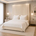 Ceiling Height M-Line Bumper Upholstered Bed | Luxury Tall Headboard Fabric Bed with Chrome Feet