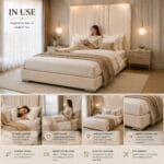 Ceiling Height M-Line Bumper Upholstered Bed | Luxury Tall Headboard Fabric Bed with Chrome Feet - Image 2