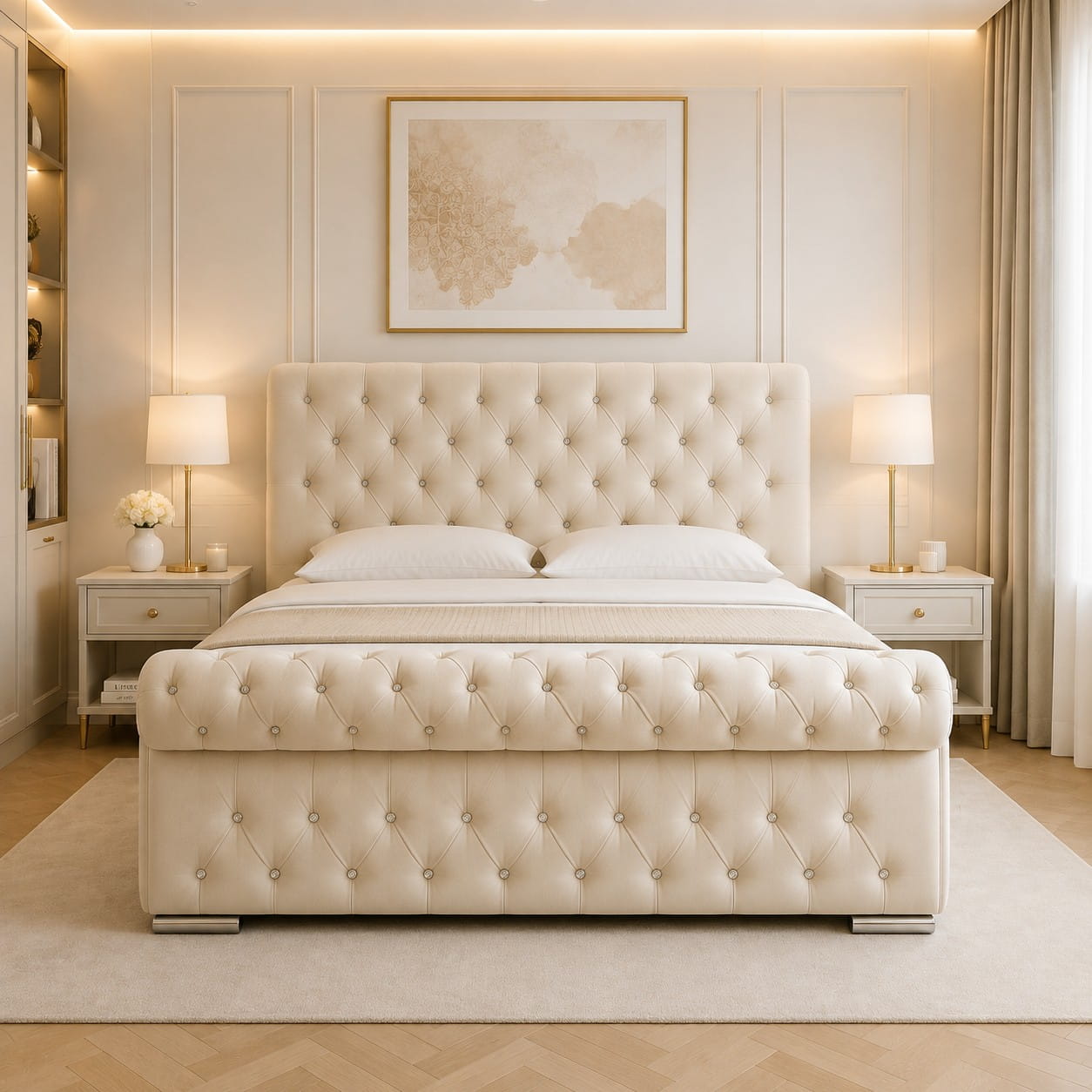 Celeste Luxe Chesterfield Velvet Bed Beige Front Celeste Luxe Chesterfield Velvet Bed | Luxury Upholstered Bed UK