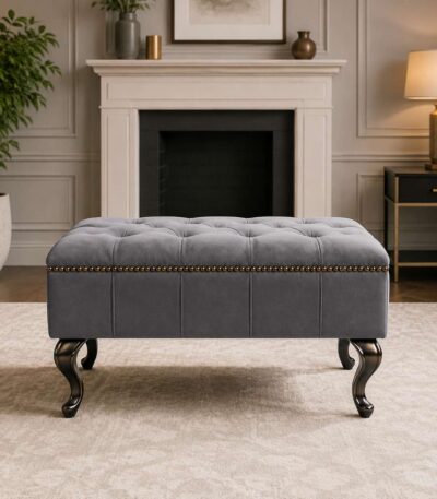 Elara Royale luxury grey velvet footstool with deep button tufting