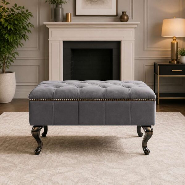 Elara Royale luxury grey velvet footstool with deep button tufting