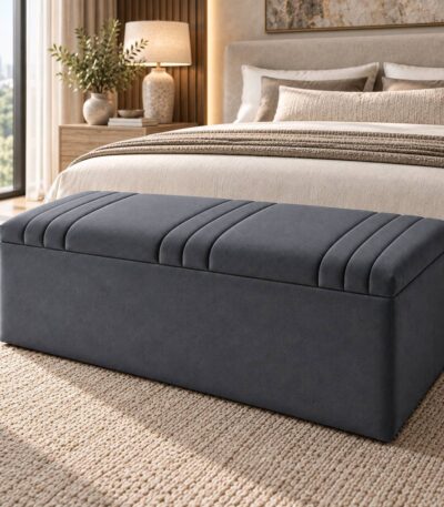 Kensington Linear Blanket Box front view in luxury bedroom with upholstered channel stitching and hidden storage design