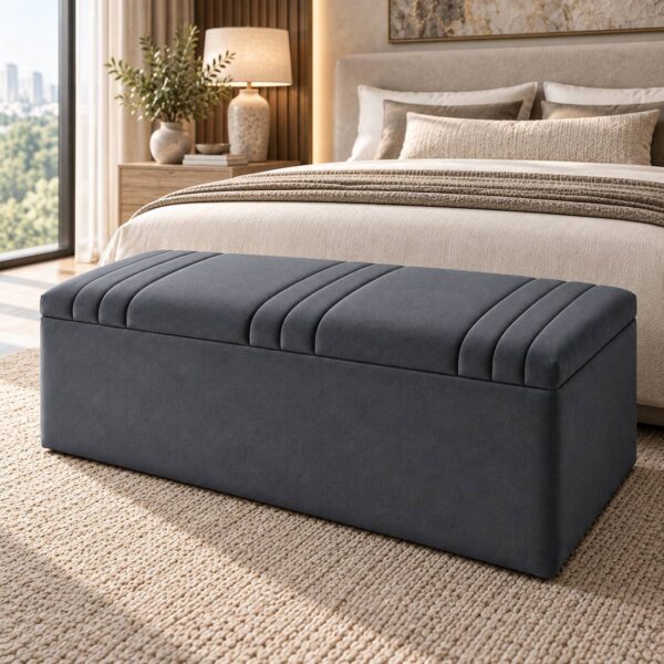 Kensington Linear Blanket Box front view in luxury bedroom with upholstered channel stitching and hidden storage design