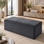 Kensington Linear Blanket Box side angle showing premium fabric upholstery and modern rectangular ottoman design