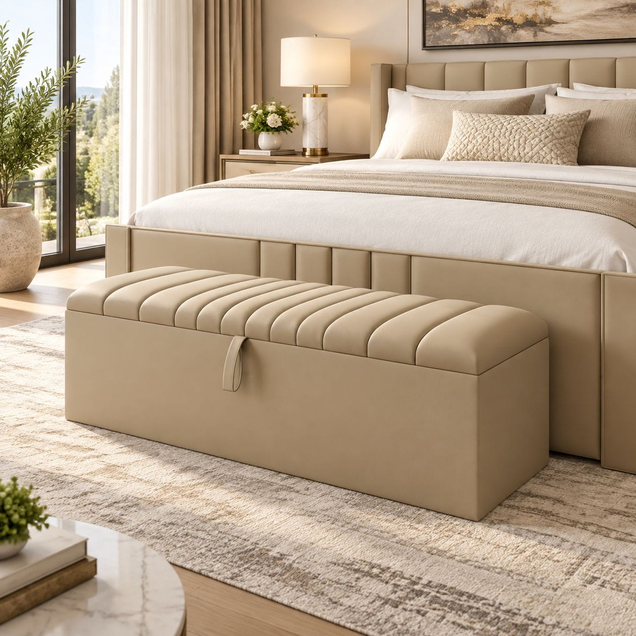 clarance ottoman bedroom view New Clarence Ottoman storage bench placed at the foot of a modern bedroom bed
